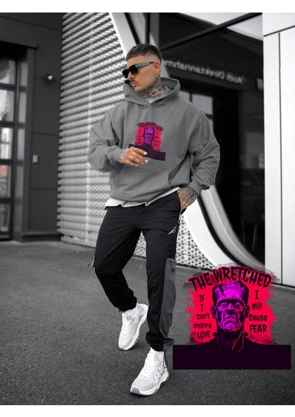 Kadın, Erkek Sweatshirt Oversize The Wretched Frankenstein Baskılı Kalın Gri Sevgili Sweatshirt