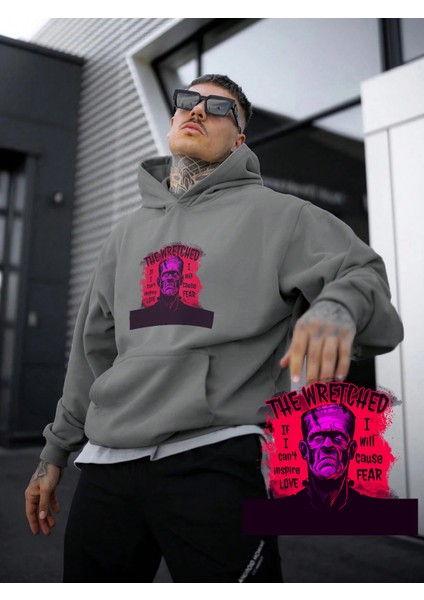 Kadın, Erkek Sweatshirt Oversize The Wretched Frankenstein Baskılı Kalın Gri Sevgili Sweatshirt