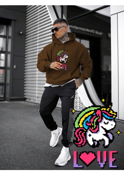 Kadın, Erkek Sweatshirt Unicorn Cute Love Rainbow Pixel Baskılı Kalın Kahverengi Sevgili Sweatshirt