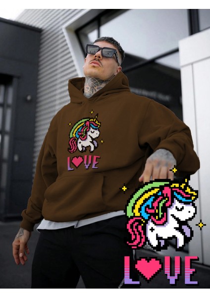 Kadın, Erkek Sweatshirt Unicorn Cute Love Rainbow Pixel Baskılı Kalın Kahverengi Sevgili Sweatshirt