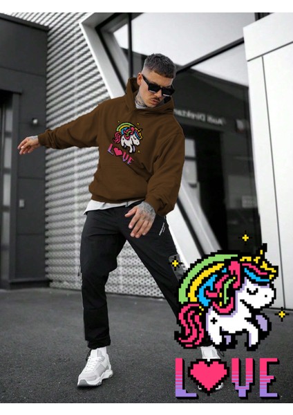 Kadın, Erkek Sweatshirt Unicorn Cute Love Rainbow Pixel Baskılı Kalın Kahverengi Sevgili Sweatshirt