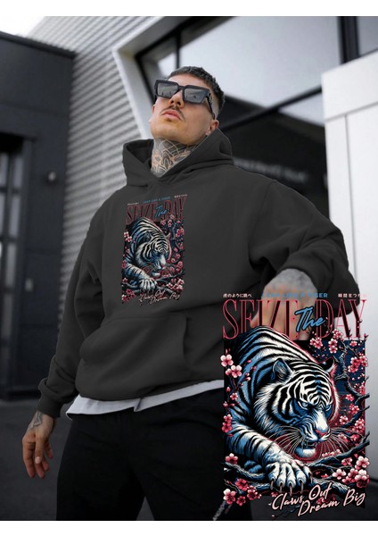 Kadın, Erkek Sweatshirt Oversize Tiger Leap Baskılı Kalın Siyah Sevgili Sweatshirt