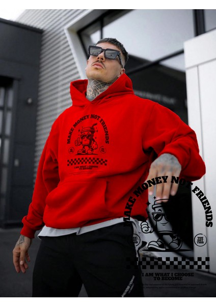 Kadın, Erkek Sweatshirt Oversize Make Money Baskılı Kalın Kırmızı Sevgili Sweatshirt