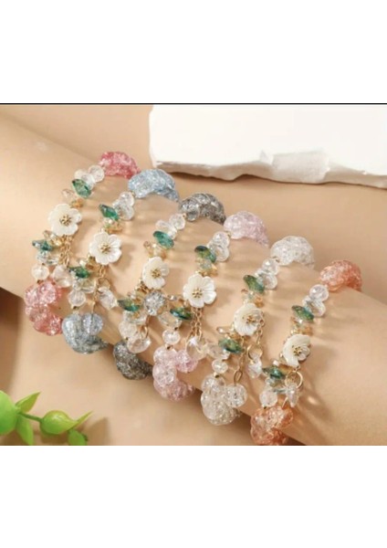 Sevimli Çiçekli Kristal Boncuklu Bilezik Seti