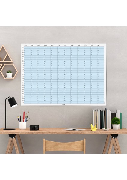 2025 Yıllık Takvim Planlayıcı, Planlayıcı Duvar Takvimi, Yatay, Pastel Mavi Renk