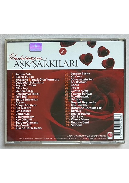 Unutulmayan Aşk Şarkıları 1 CD 39 Şarkılık Aşk Şarkıları (Orjnal Dönem Baskı Cd)