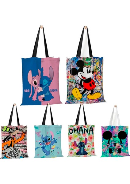 Couples1 Disney Kadın Tote Çanta Mickey Mouse Lilo ve Dikiş Kanvas Tote Büyük Kapasiteli Alışveriş Çantası Kız Omuz Çantası (Yurt Dışından)