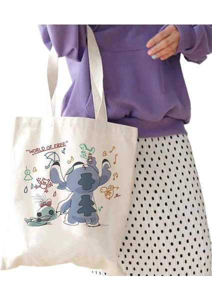 Couples1 Y2K Disney Dikişli Tote Shopper Kanvas Çanta Eko Lilo ve Dikiş Alışveriş Çantası Kadın Tote Harajuku Kadın (Yurt Dışından)