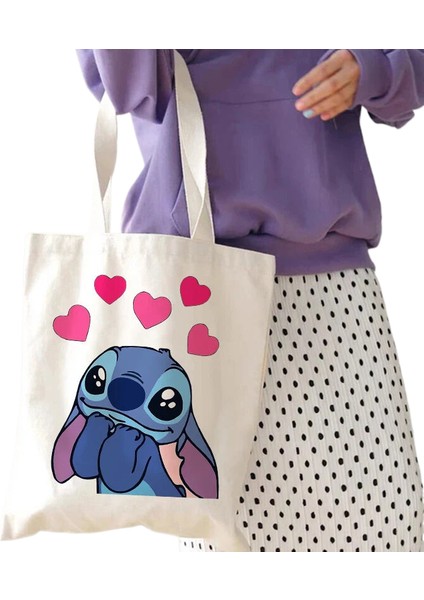 Couples1 Y2K Disney Dikişli Tote Shopper Kanvas Çanta Eko Lilo ve Dikiş Alışveriş Çantası Kadın Tote Harajuku Kadın (Yurt Dışından)
