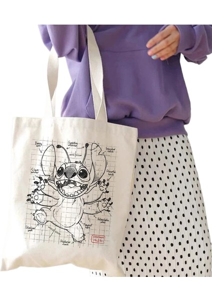 Couples1 Y2K Disney Dikişli Tote Shopper Kanvas Çanta Eko Lilo ve Dikiş Alışveriş Çantası Kadın Tote Harajuku Kadın (Yurt Dışından)