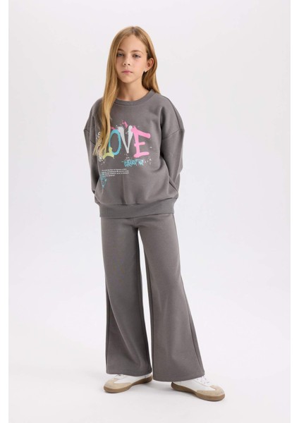 Kız Çocuk 2'li Takım Bisiklet Yaka Baskılı Sweatshirt Beli Lastikli Jogger Eşofman Altı D2220A824WN