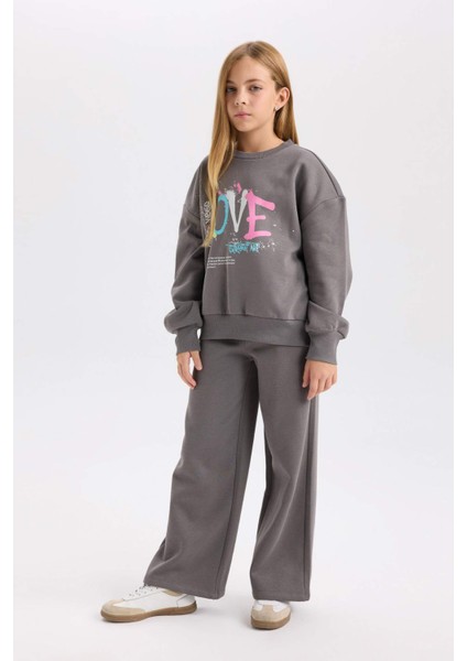 Kız Çocuk 2'li Takım Bisiklet Yaka Baskılı Sweatshirt Beli Lastikli Jogger Eşofman Altı D2220A824WN