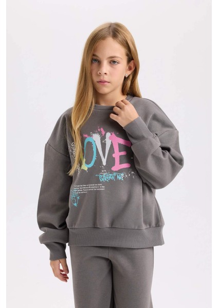 Kız Çocuk 2'li Takım Bisiklet Yaka Baskılı Sweatshirt Beli Lastikli Jogger Eşofman Altı D2220A824WN