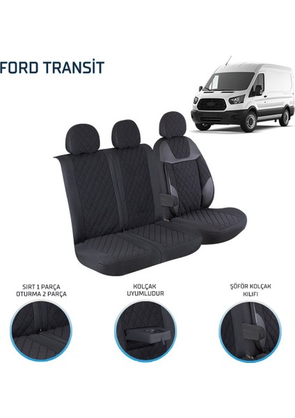 Ford Transit 2013 ve Sonrası 2+1 Ön Koltuk Kılıf Seti Alkantra Siyah Dikiş