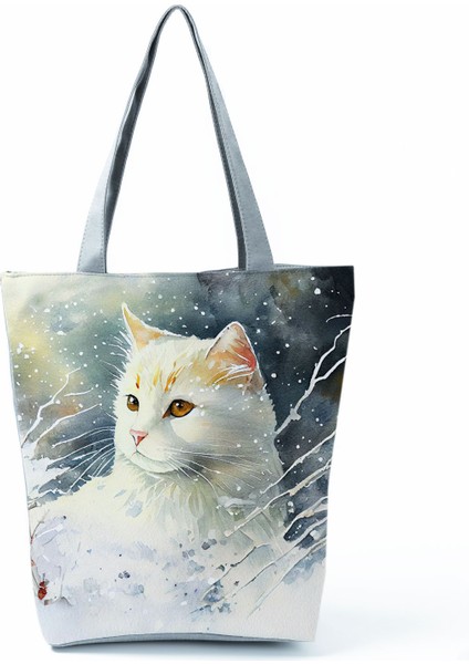 Sevimli Suluboya Kedi Baskı Büyük Kapasiteli Gündelik Kadın Güzel Karikatür Alışveriş Katlanabilir Seyahat Plaj Çanta (Yurt Dışından)