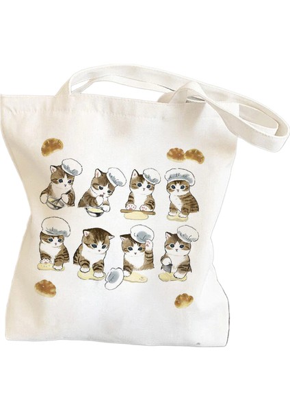 Bisiklete Binen Kedi Sevimli ve Sevimli Baskılı Kanvas Omuz Öğrenci Alışveriş Çanta (Yurt Dışından)