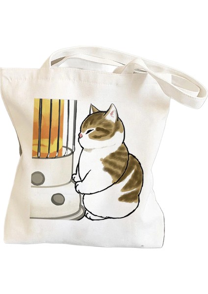 Bisiklete Binen Kedi Sevimli ve Sevimli Baskılı Kanvas Omuz Öğrenci Alışveriş Çanta (Yurt Dışından)