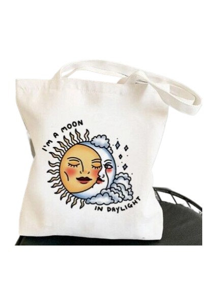 Güneş ve Ay Baskılı Kanvas Harajuku Omuz El Alışveriş Çanta (Yurt Dışından)