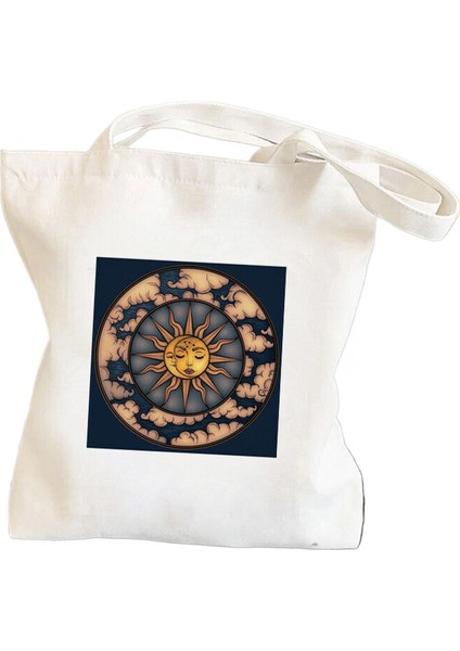 Güneş ve Ay Baskılı Kanvas Harajuku Omuz El Alışveriş Çanta (Yurt Dışından)