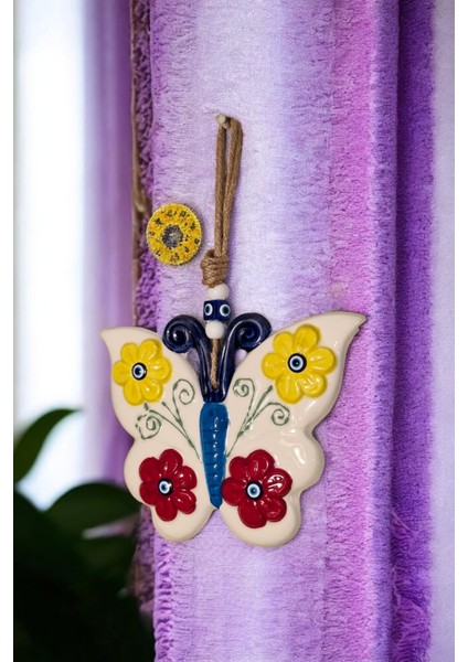 Nazar Boncuklu Seramik Kelebek Desenli Canlı Rengarenk Çiçek Dekoratifli Çok Amaçlı Süs Eşya 17 x 21CM