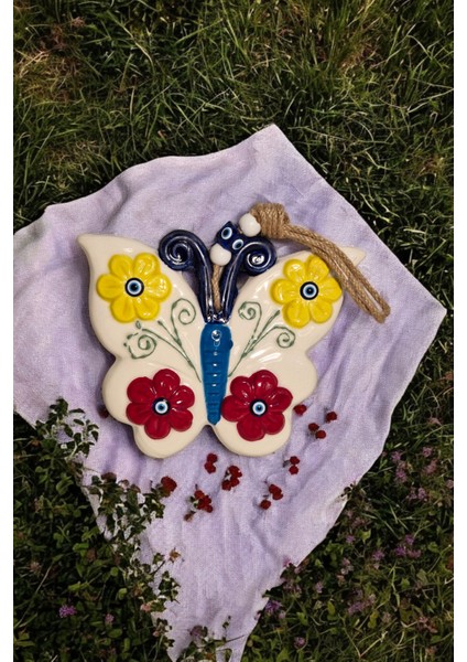 Nazar Boncuklu Seramik Kelebek Desenli Canlı Rengarenk Çiçek Dekoratifli Çok Amaçlı Süs Eşya 17 x 21CM modelleri