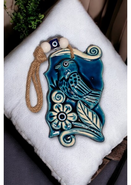 Nazar Boncuklu Seramik Sevimli Kuş Desenli Çiçek Dekoratif Tablet Çok Amaç Duvar Süs Eşyası 10 x 18 cm