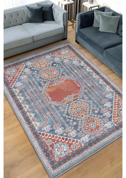 Omg Etnik Desenli Halı Geometrik Salon Halısı Çok Renkli Oturma Odası Halısı Bordürlü Halı