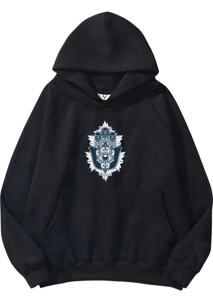 Kadın, Erkek Sweatshirt Oversize Hamsa Protector Mandala Baskılı Kalın Siyah Sevgili Sweatshirt