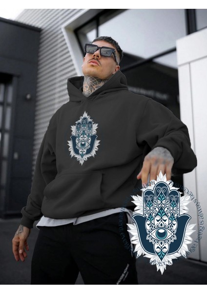 Kadın, Erkek Sweatshirt Oversize Hamsa Protector Mandala Baskılı Kalın Siyah Sevgili Sweatshirt