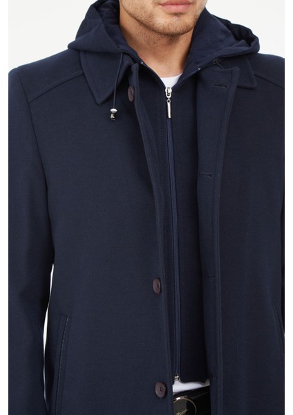 1704 Çıkma Kapşonlu Yün Kaşe Açık Lacivert Erkek Kaban modelleri