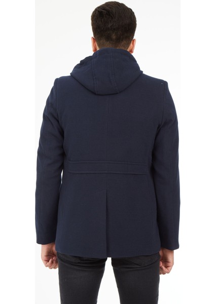 1704 Çıkma Kapşonlu Yün Kaşe Açık Lacivert Erkek Kaban fırsatları