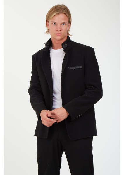 1675 Hakim Yaka Düğmeli Yünlü Kaşe Siyah Erkek Kaban fiyatları