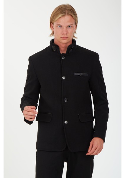 1675 Hakim Yaka Düğmeli Yünlü Kaşe Siyah Erkek Kaban
