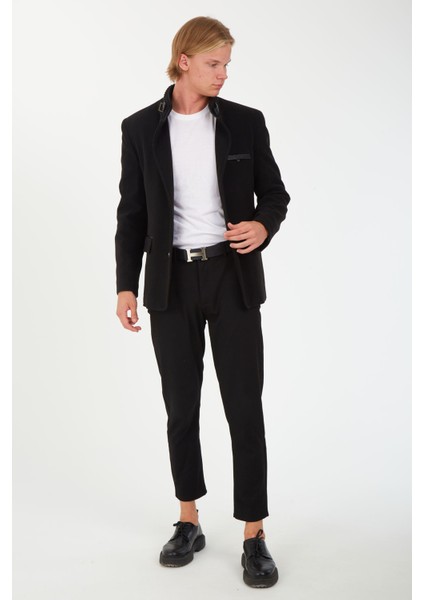 1675 Hakim Yaka Düğmeli Yünlü Kaşe Siyah Erkek Kaban modelleri