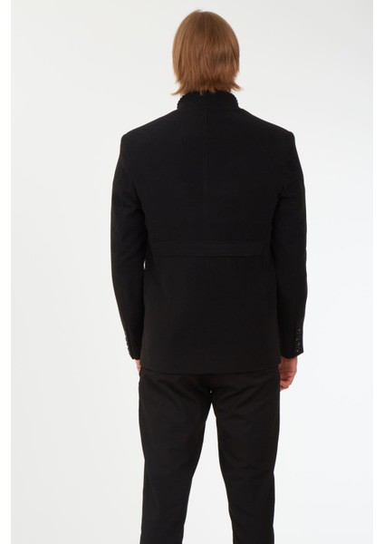 1675 Hakim Yaka Düğmeli Yünlü Kaşe Siyah Erkek Kaban fırsatları