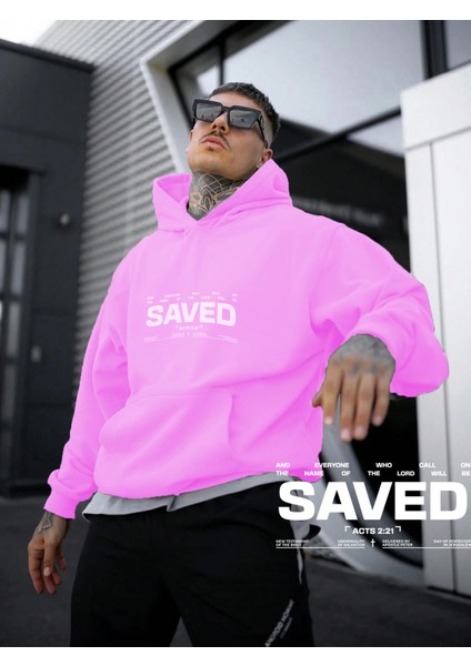 Kadın, Erkek Sweatshirt Oversize Saved Baskılı Kalın Pembe Sevgili Sweatshirt