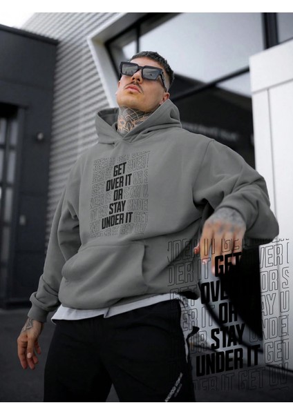 Kadın, Erkek Sweatshirt Oversize Get Over It Baskılı Kalın Gri Sevgili Sweatshirt