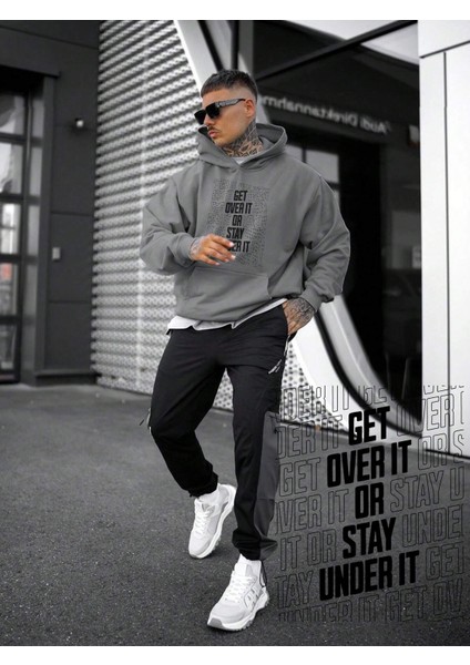 Kadın, Erkek Sweatshirt Oversize Get Over It Baskılı Kalın Gri Sevgili Sweatshirt