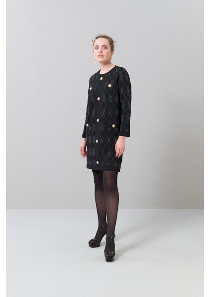 Gold Düğmeli Triko Mini Elbise Siyah-Gold K2571014_155