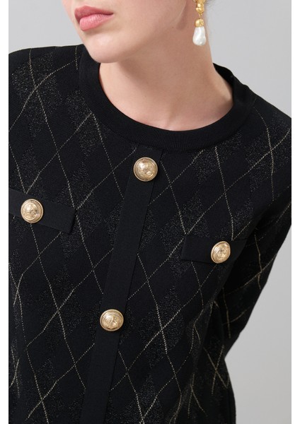 Gold Düğmeli Triko Mini Elbise Siyah-Gold K2571014_155 modelleri