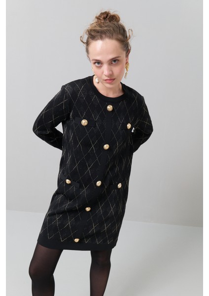 Gold Düğmeli Triko Mini Elbise Siyah-Gold K2571014_155 fırsatları