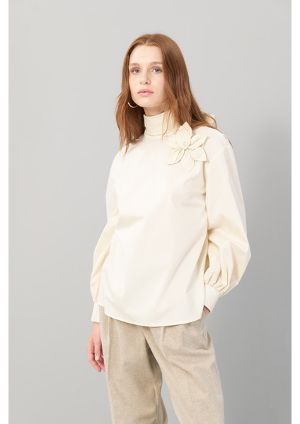 Çiçek Figürlü Poplin Bluz Bej K2513026_024