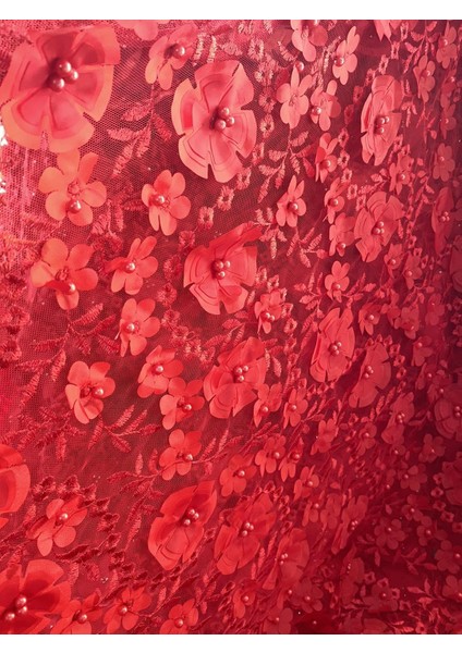 3D Çiçek Işlemeli Dantelli Elbise Kumaşı Kırmızı 130CM x 13M