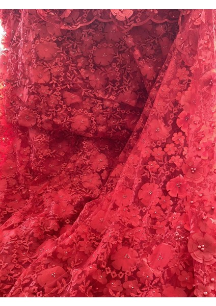 3D Çiçek Işlemeli Dantelli Elbise Kumaşı Kırmızı 130CM x 13M