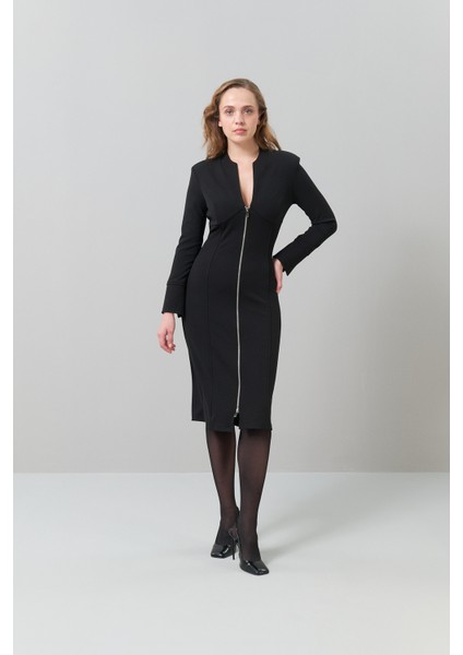 Fermuarlı Örme Midi Boy Elbise Siyah K2521002_001