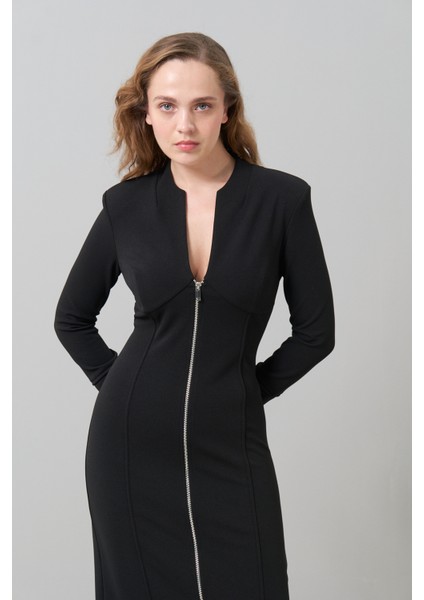 Fermuarlı Örme Midi Boy Elbise Siyah K2521002_001 modelleri