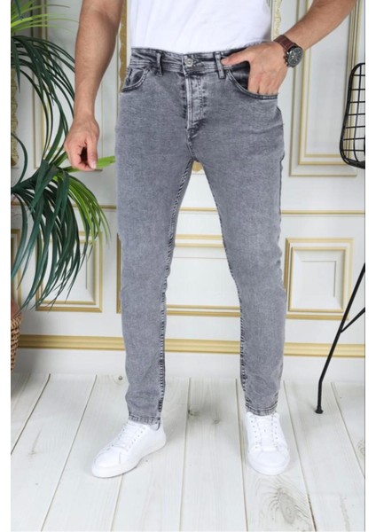 Erkek Gri Jean Likralı Denim Esnek Slim Fit Kot Pantolon Phantom Jeans Açık Gri Kot Pantolon