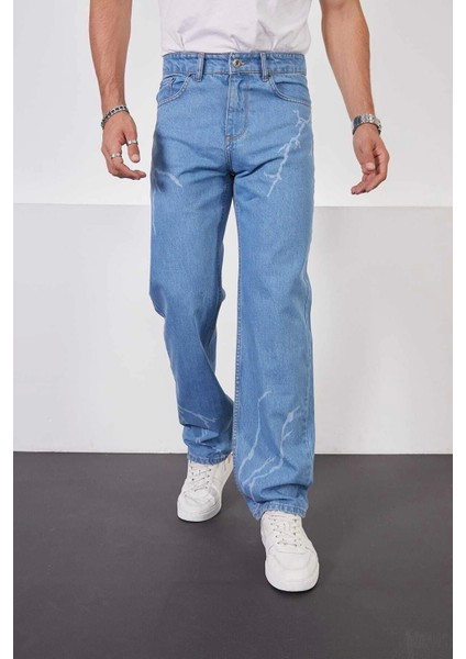 Buz Mavi Baggy Pantolon Şimşek-Yıldırım Desenli Lazer Baskı Oversize Baggy Kot Pantolon Normal Bel