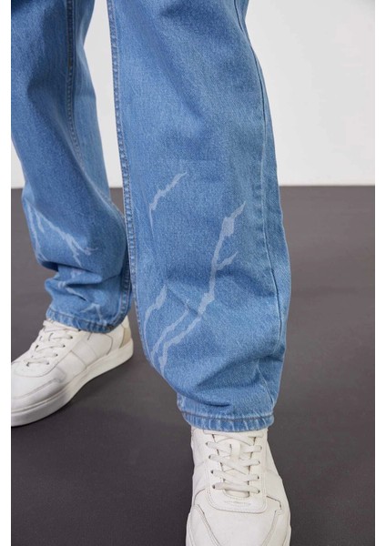 Buz Mavi Baggy Pantolon Şimşek-Yıldırım Desenli Lazer Baskı Oversize Baggy Kot Pantolon Normal Bel