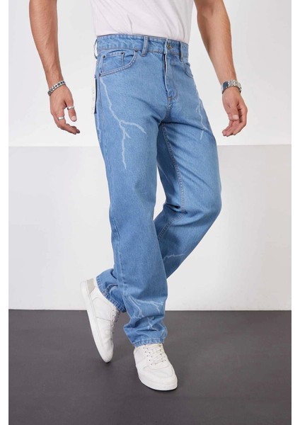 Buz Mavi Baggy Pantolon Şimşek-Yıldırım Desenli Lazer Baskı Oversize Baggy Kot Pantolon Normal Bel